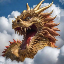 A majestic Chinese dragon in close view, surrounded by auspicious clouds.