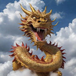 A majestic Chinese dragon in close view, surrounded by auspicious clouds.