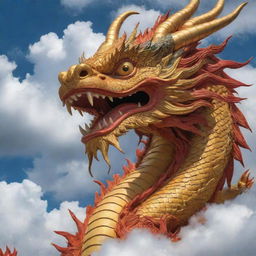 A majestic Chinese dragon in close view, surrounded by auspicious clouds.