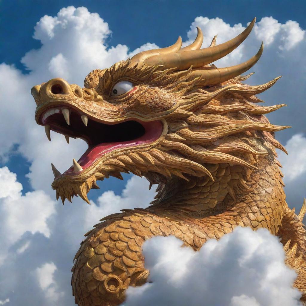 A majestic Chinese dragon in close view, surrounded by auspicious clouds.