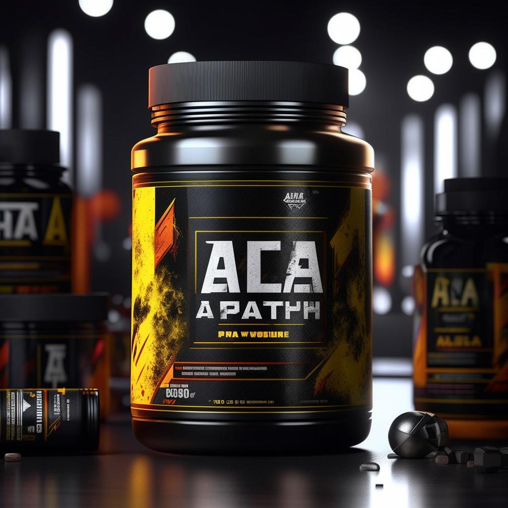 Illustrate an alpha pre workout supplement tub, ultra-masculine, inspired by Joe Rogan, with bold fonts and powerful graphics.