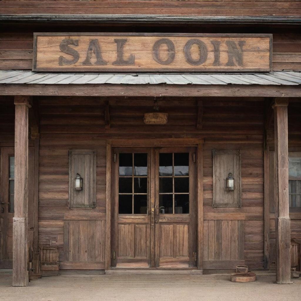 A vintage Western Saloon with swinging wooden doors, lanterns hanging from the front porch, and a sign featuring the saloon's name in worn-out, rustic lettering.