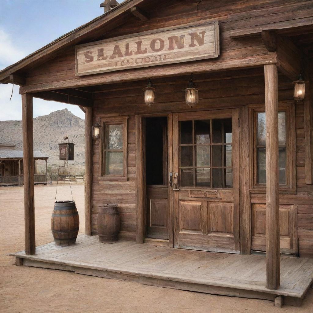 A vintage Western Saloon with swinging wooden doors, lanterns hanging from the front porch, and a sign featuring the saloon's name in worn-out, rustic lettering.