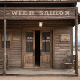 A vintage Western Saloon with swinging wooden doors, lanterns hanging from the front porch, and a sign featuring the saloon's name in worn-out, rustic lettering.