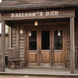 A vintage Western Saloon with swinging wooden doors, lanterns hanging from the front porch, and a sign featuring the saloon's name in worn-out, rustic lettering.