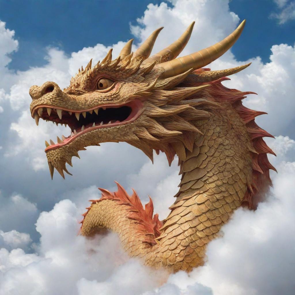 A close-up view of a majestic dragon among auspicious clouds.