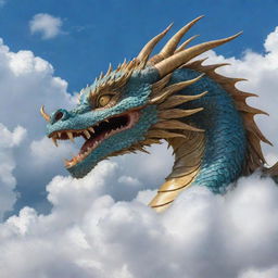 A close-up view of a majestic dragon among auspicious clouds.