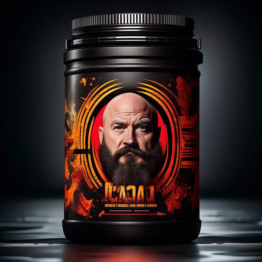 Illustrate an alpha pre workout supplement tub, ultra-masculine, inspired by Joe Rogan, with bold fonts and powerful graphics.