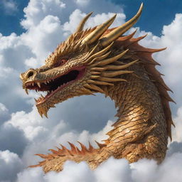 A close-up view of a majestic dragon among auspicious clouds.