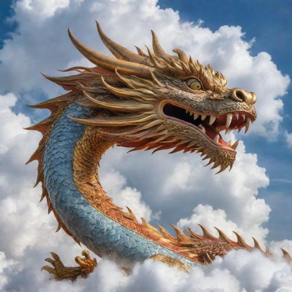 A close-up view of a majestic dragon among auspicious clouds.