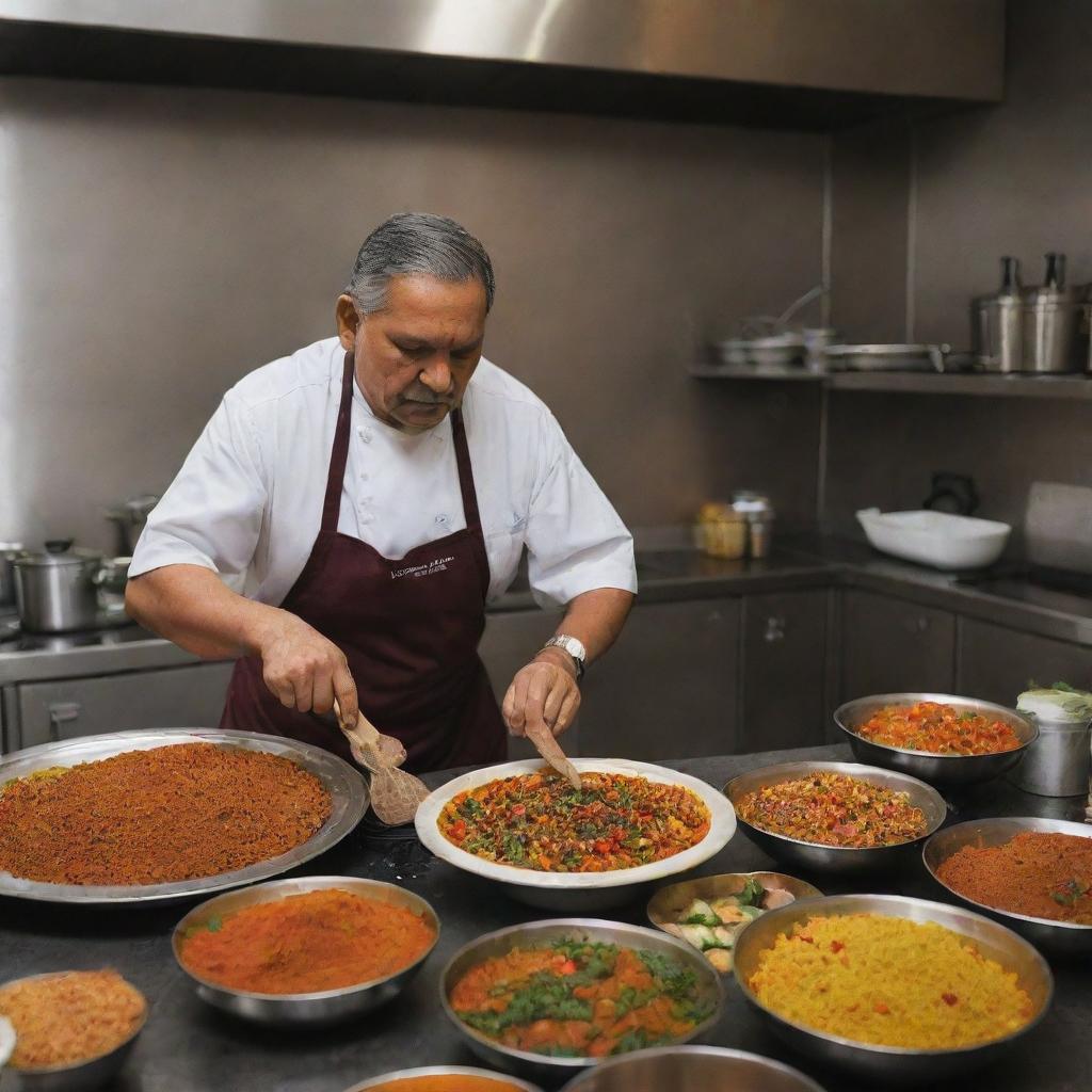 An Indian chief cook busy preparing traditional food in a kitchen filled with a rich array of exotic spices and ingredients.