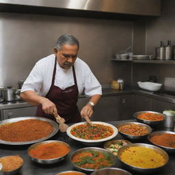 An Indian chief cook busy preparing traditional food in a kitchen filled with a rich array of exotic spices and ingredients.