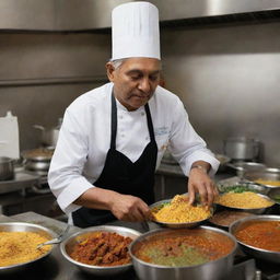 An Indian chief cook busy preparing traditional food in a kitchen filled with a rich array of exotic spices and ingredients.