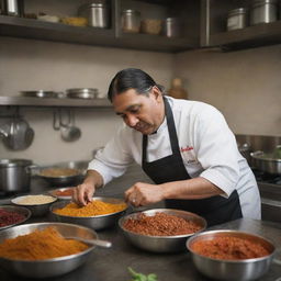 An Indian chief cook busy preparing traditional food in a kitchen filled with a rich array of exotic spices and ingredients.