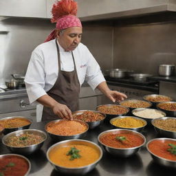 An Indian chief cook busy preparing traditional food in a kitchen filled with a rich array of exotic spices and ingredients.