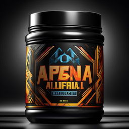 Illustrate an alpha pre workout supplement tub, ultra-masculine, inspired by Joe Rogan, with bold fonts and powerful graphics.