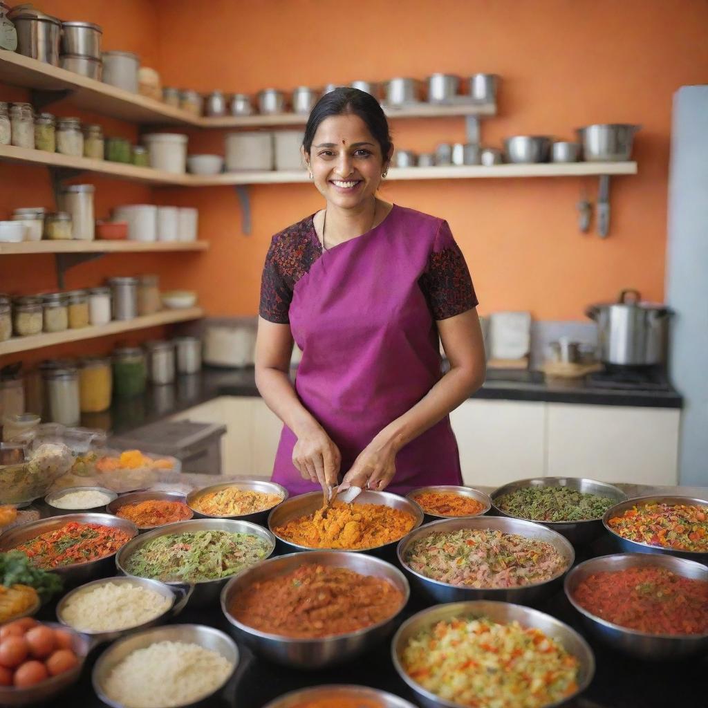 An Indian cook in a brightly colored kitchen, expertly preparing traditional Indian cuisine, with aromatic spices and fresh vegetables around.