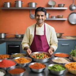 An Indian cook in a brightly colored kitchen, expertly preparing traditional Indian cuisine, with aromatic spices and fresh vegetables around.