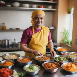 An Indian cook in a brightly colored kitchen, expertly preparing traditional Indian cuisine, with aromatic spices and fresh vegetables around.