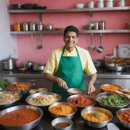 An Indian cook in a brightly colored kitchen, expertly preparing traditional Indian cuisine, with aromatic spices and fresh vegetables around.