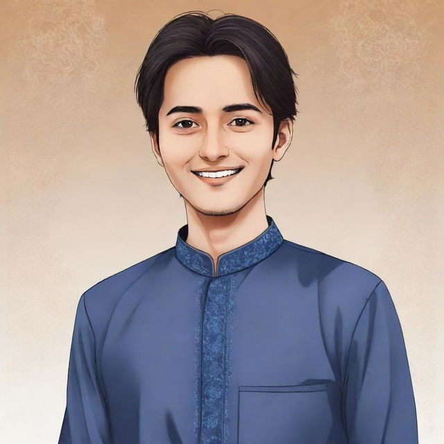 Anime style illustration of Gojo Sataro dressed in a traditional kurta pyjama, offering Ramazan Mubarak greetings with a friendly smile.