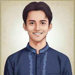 Anime style illustration of Gojo Sataro dressed in a traditional kurta pyjama, offering Ramazan Mubarak greetings with a friendly smile.