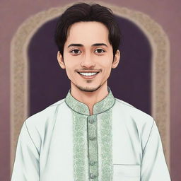 Anime style illustration of Gojo Sataro dressed in a traditional kurta pyjama, offering Ramazan Mubarak greetings with a friendly smile.