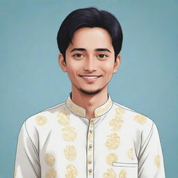 Anime style illustration of Gojo Sataro dressed in a traditional kurta pyjama, offering Ramazan Mubarak greetings with a friendly smile.