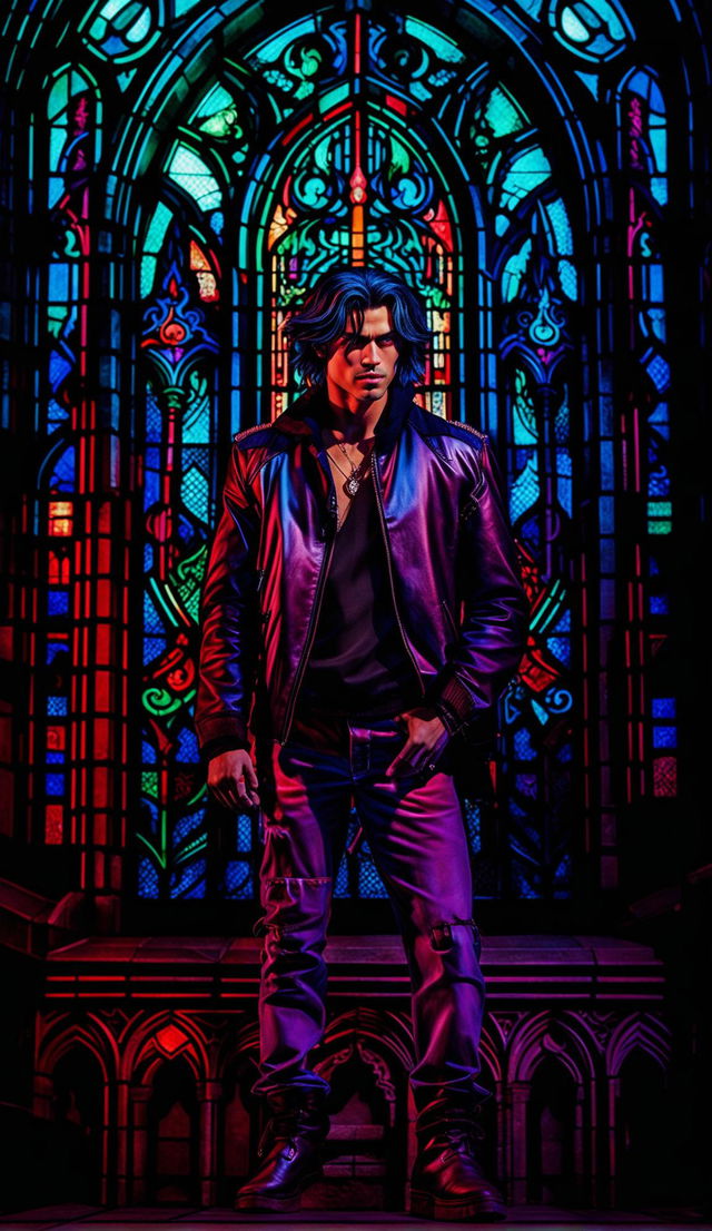 A candid photograph of a modern vampire in street fashion standing in front of a stained glass window at dawn. The colorful light from the window illuminates his serene expression.