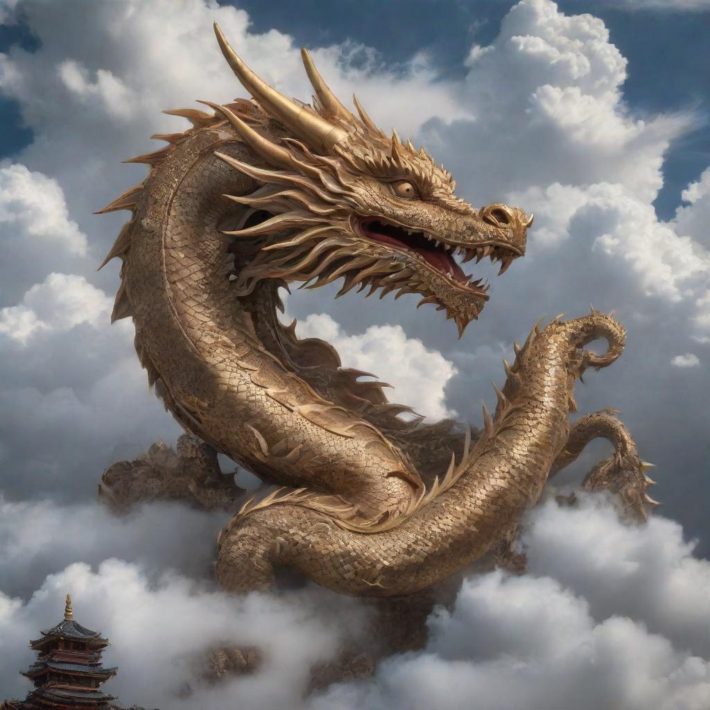 A detailed dragon in the foreground, surrounded by auspicious clouds