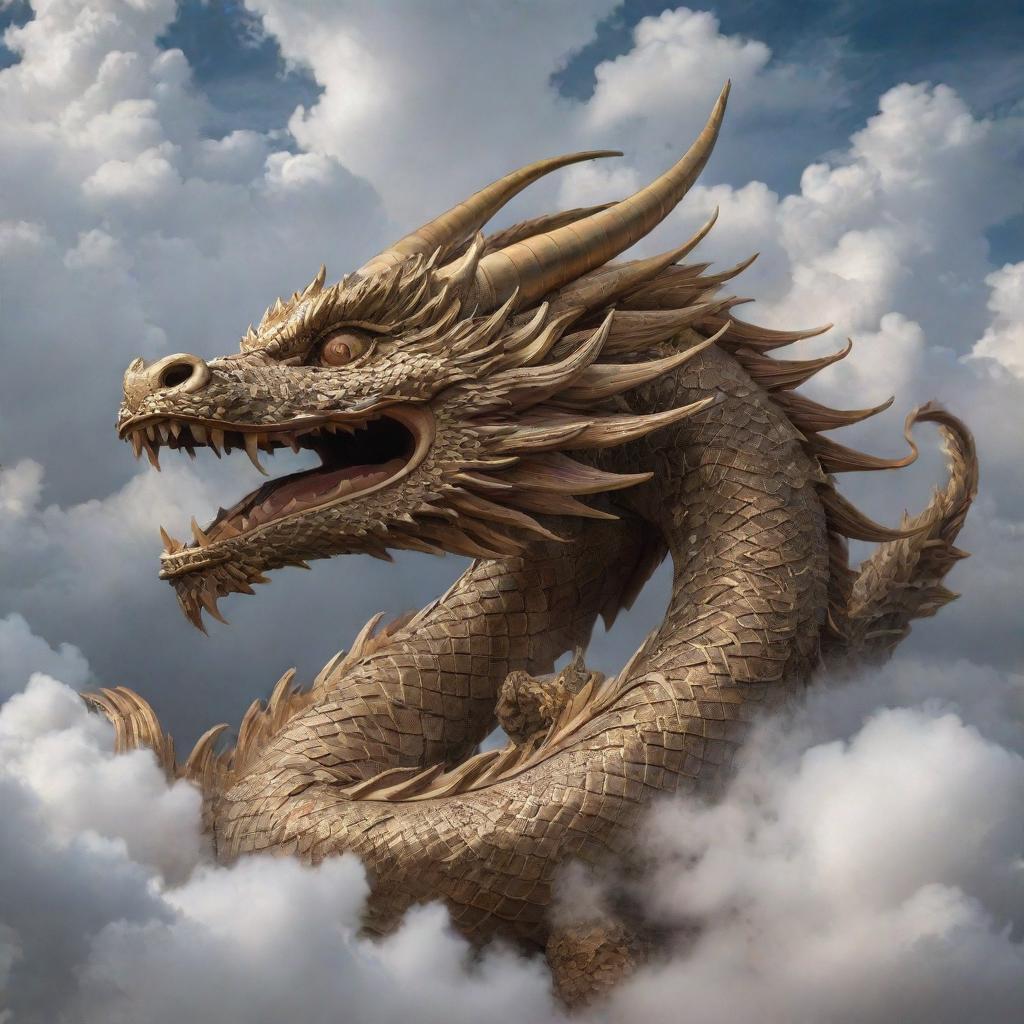 A detailed dragon in the foreground, surrounded by auspicious clouds