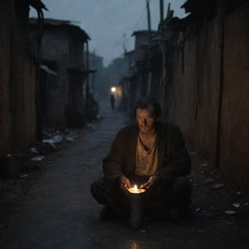 A bleak slum scene at the depth of night. The only source of light is a single lit candle, casting a warm, subtle glow on a man's face.