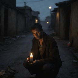 A bleak slum scene at the depth of night. The only source of light is a single lit candle, casting a warm, subtle glow on a man's face.