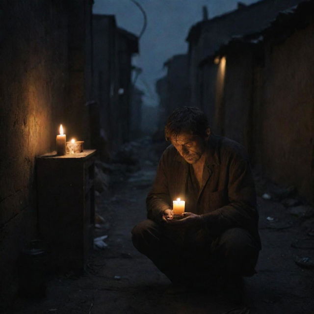 A bleak slum scene at the depth of night. The only source of light is a single lit candle, casting a warm, subtle glow on a man's face.