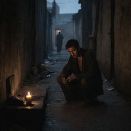 A bleak slum scene at the depth of night. The only source of light is a single lit candle, casting a warm, subtle glow on a man's face.