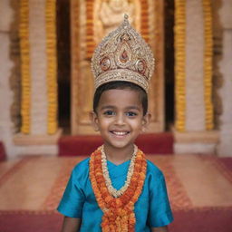 A young boy named Yogesh, dressed in traditional Indian attire, gleefully welcoming the deity Shree Ram in a beautifully decorated Hindu temple.