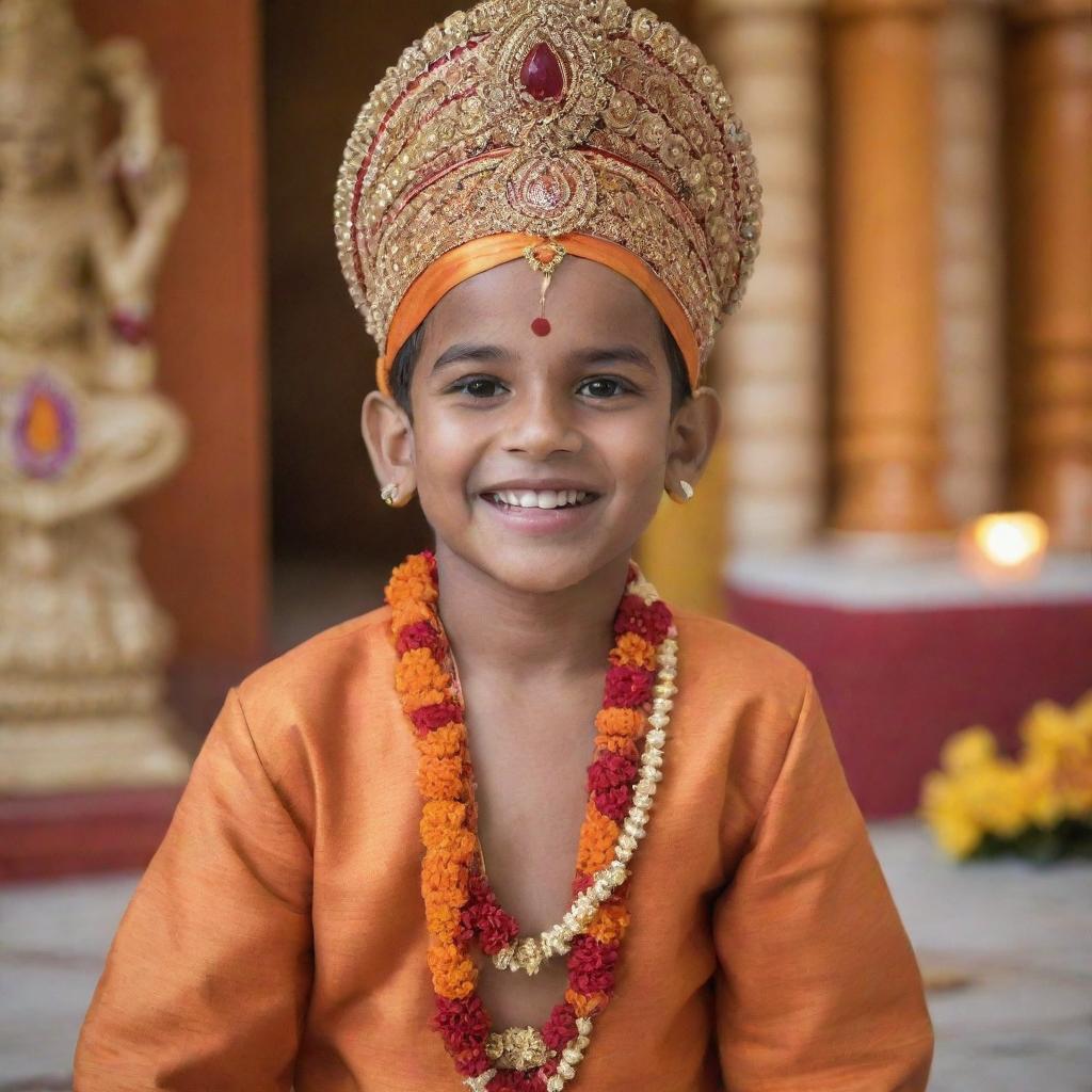 A young boy named Yogesh, dressed in traditional Indian attire, gleefully welcoming the deity Shree Ram in a beautifully decorated Hindu temple.