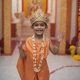 A young boy named Yogesh, dressed in traditional Indian attire, gleefully welcoming the deity Shree Ram in a beautifully decorated Hindu temple.