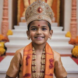 A young boy named Yogesh, dressed in traditional Indian attire, gleefully welcoming the deity Shree Ram in a beautifully decorated Hindu temple.