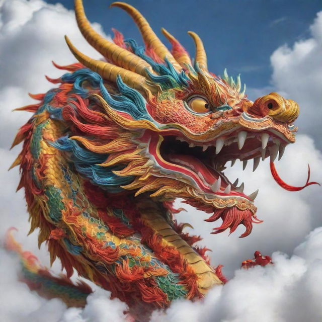 A vibrant, close-up image of a Chinese dragon adorned with traditional elements, gliding gracefully through auspicious clouds.