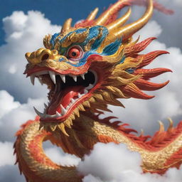 A vibrant, close-up image of a Chinese dragon adorned with traditional elements, gliding gracefully through auspicious clouds.