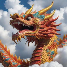 A vibrant, close-up image of a Chinese dragon adorned with traditional elements, gliding gracefully through auspicious clouds.