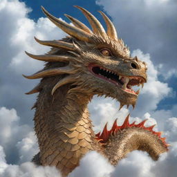 A majestic dragon up close, front and center, amidst auspicious clouds.