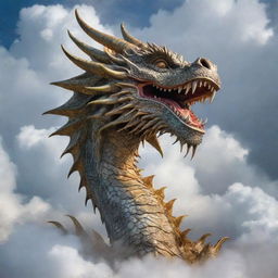 A majestic dragon up close, front and center, amidst auspicious clouds.