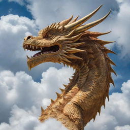 A majestic dragon up close, front and center, amidst auspicious clouds.