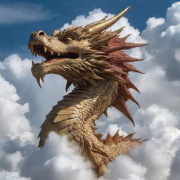 A majestic dragon up close, front and center, amidst auspicious clouds.