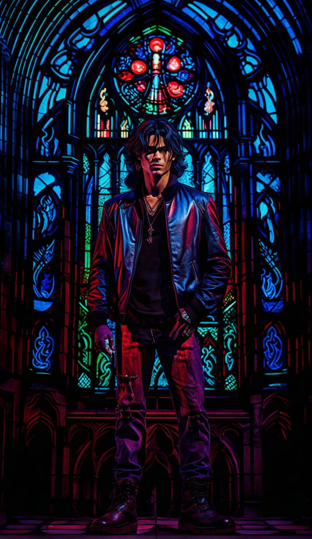 Candid photograph of a modern vampire in street fashion, standing in front of a stained glass window at dawn. The colorful light from the window illuminates his serene expression.