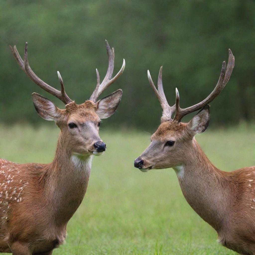 Two beautiful deer, their horns locked together in a peaceful display of nature.