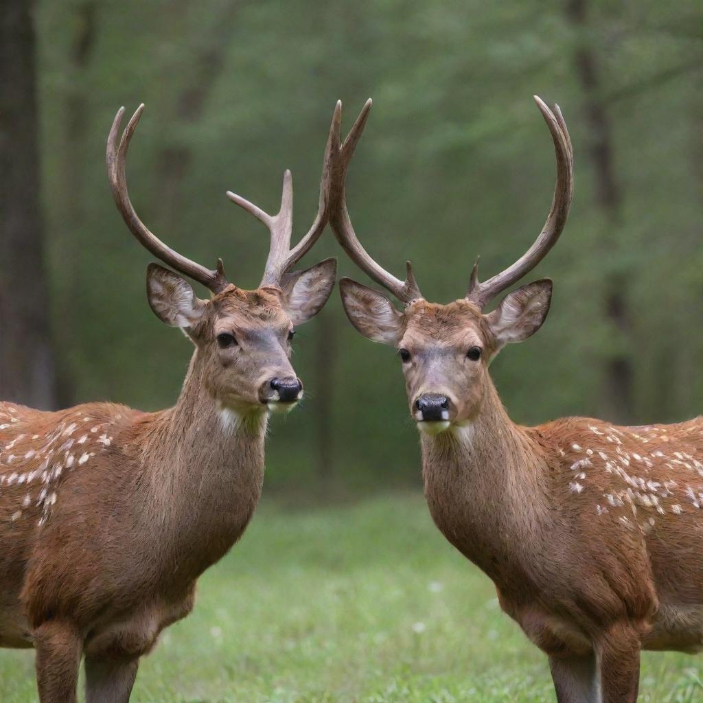 Two beautiful deer, their horns locked together in a peaceful display of nature.