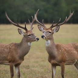 Two beautiful deer, their horns locked together in a peaceful display of nature.